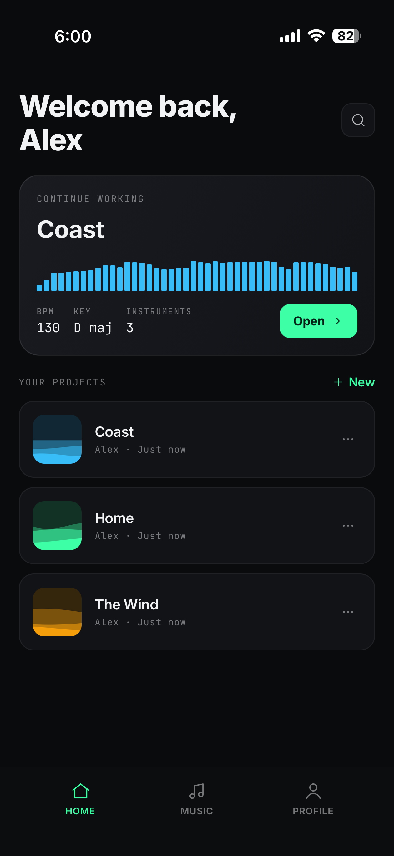 BandFrame home screen with projects and the Music tab