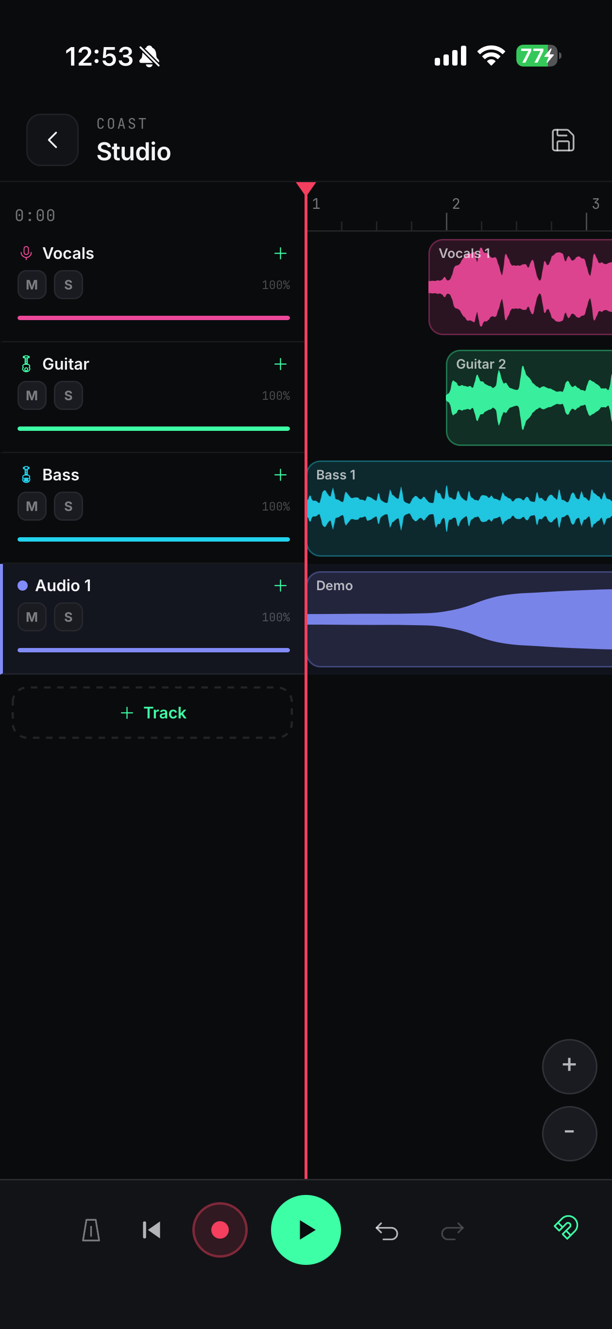 BandFrame Studio multi-track mixer screenshot